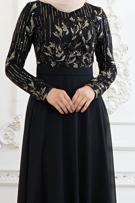 Noir - Tesettürlü Abiye Elbise - Robe de Soirée Hijab 82220S - 4