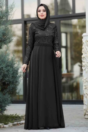 Noir- Tesettürlü Abiye Elbise - Robe de Soirée Hijab 8462S - 1