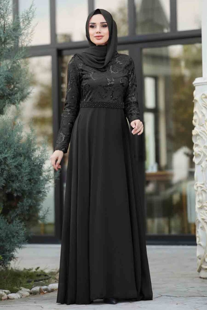 Noir- Tesettürlü Abiye Elbise - Robe de Soirée Hijab 8462S - 1