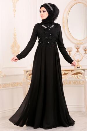 Noir-Tesettürlü Abiye Elbise - Robe de Soirée Hijab 84701S - 1