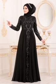 Noir-Tesettürlü Abiye Elbise - Robe de Soirée Hijab 8490S - Thumbnail