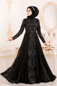 Noir-Tesettürlü Abiye Elbise - Robe de Soirée Hijab 8490S - Thumbnail