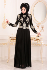 Noir-Tesettürlü Abiye Elbise - Robe de Soirée Hijab 85040S - Thumbnail