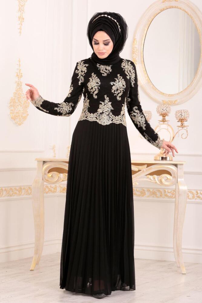 Noir-Tesettürlü Abiye Elbise - Robe de Soirée Hijab 85040S - 1