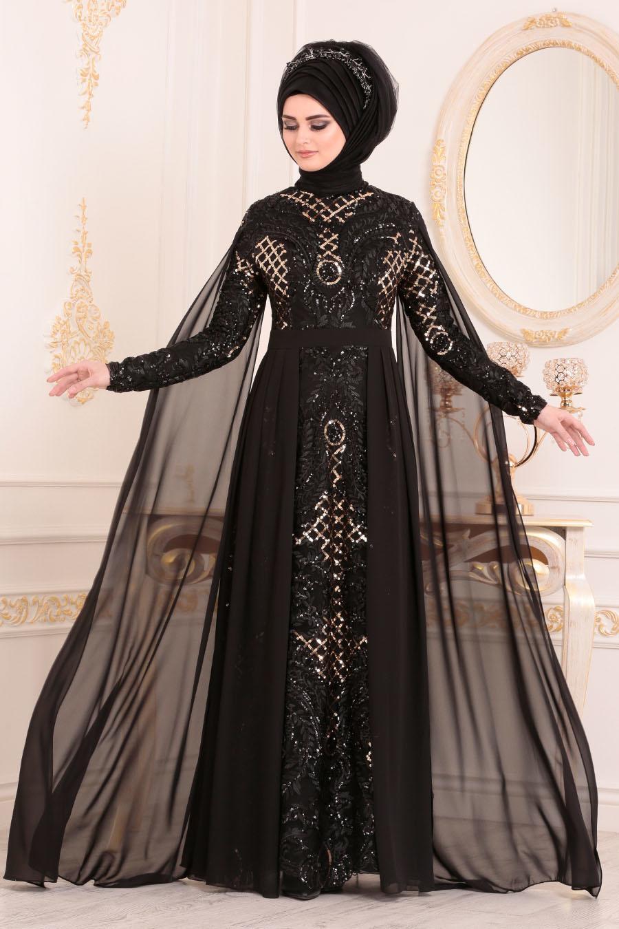 Noir Tesetturlu Abiye Elbise Robe de Soiree Hijab 85130S Tesetturisland