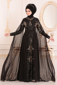 Noir- Tesettürlü Abiye Elbise - Robe de Soirée Hijab 85130S - Thumbnail