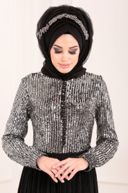 Noir-Tesettürlü Abiye Elbise - Robe de Soirée Hijab 8532S - Thumbnail