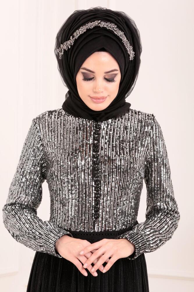 Noir-Tesettürlü Abiye Elbise - Robe de Soirée Hijab 8532S - 3