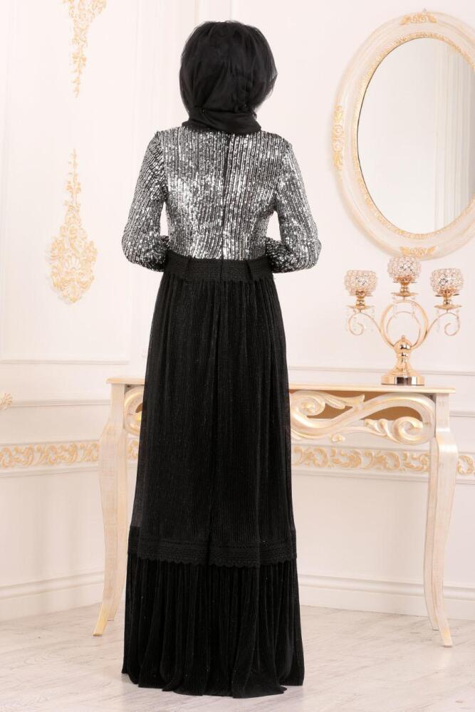 Noir-Tesettürlü Abiye Elbise - Robe de Soirée Hijab 8532S - 4