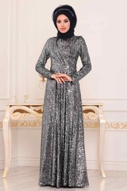 Noir - Tesettürlü Abiye Elbise - Robe de Soirée Hijab - 8582S - Thumbnail