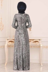 Noir - Tesettürlü Abiye Elbise - Robe de Soirée Hijab - 8582S - Thumbnail