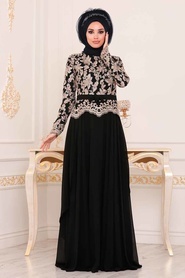 Noir - Tesettürlü Abiye Elbise - Robe de Soirée Hijab - 8647S - Thumbnail