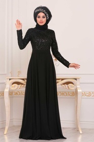 Noir - Tesettürlü Abiye Elbise - Robe de Soirée Hijab - 8670S - Thumbnail