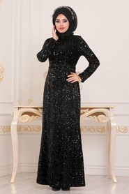 Noir - Tesettürlü Abiye Elbise - Robe de Soirée Hijab - 8727S - Thumbnail