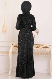 Noir - Tesettürlü Abiye Elbise - Robe de Soirée Hijab - 8727S - Thumbnail