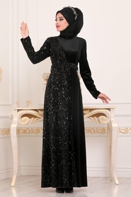 Noir - Tesettürlü Abiye Elbise - Robe en velours hijab - 8738S - Thumbnail