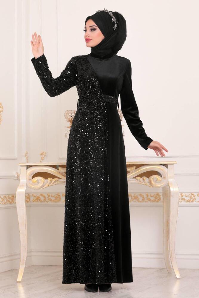 Noir - Tesettürlü Abiye Elbise - Robe en velours hijab - 8738S - 1