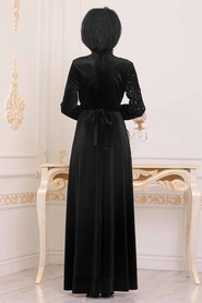 Noir - Tesettürlü Abiye Elbise - Robe en velours hijab - 8738S - Thumbnail