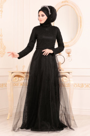 Noir - Tesettürlü Abiye Elbise - Robes de Soirée 3290S - Thumbnail