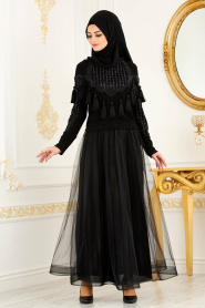 Noir - Tesettürlü Abiye Elbise - Robes de Soirée 37101S - Thumbnail