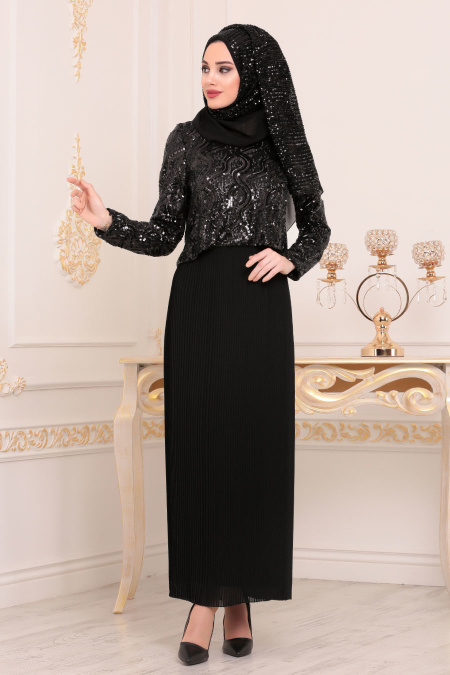 Noir - Tesettürlü Abiye Elbise - Robes de Soirée 3743S