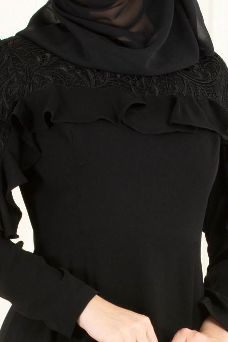 Noir - Tesettürlü Abiye Elbise - Robes de Soirée 3746S - 4