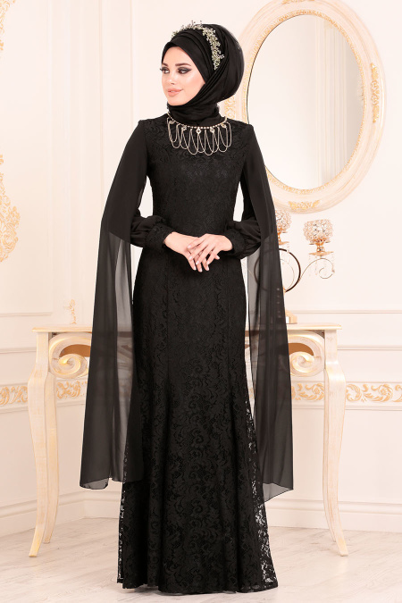 Noir- Tesettürlü Abiye Elbise - Robes de Soirée 40180S