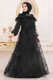 Noir-Tesettürlü Abiye Elbise-Robes de Soirée-41090S - Thumbnail
