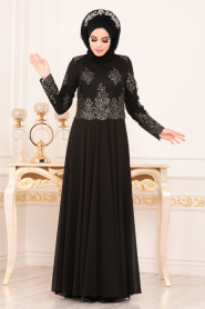 Noir- Tesettürlü Abiye Elbise - Robes de Soirée 7688S - Thumbnail