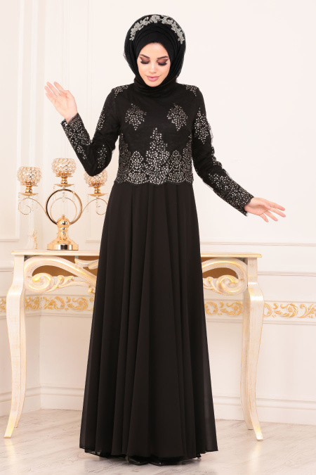 Noir- Tesettürlü Abiye Elbise - Robes de Soirée 7688S