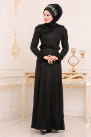 Noir - Tesettürlü Abiye Elbise - Robes de Soirée Hijab 190201S - Thumbnail