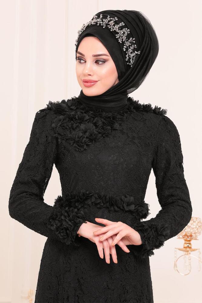 Noir - Tesettürlü Abiye Elbise - Robes de Soirée Hijab 190201S - 3