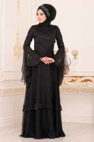 Noir- Tesettürlü Abiye Elbise - Robes de Soirée Hijab 190501S - Thumbnail