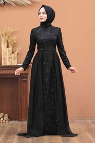 Noir- Tesettürlü Abiye Elbise - Robes de Soirée Hijab 196711S - Thumbnail