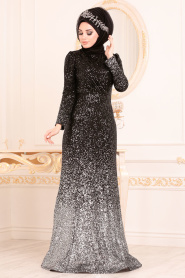 Noir - Tesettürlü Abiye Elbise - Robes de Soirée Hijab 2106S - Thumbnail