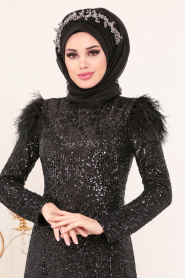 Noir - Tesettürlü Abiye Elbise - Robes de Soirée Hijab 21111S - Thumbnail