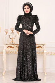 Noir - Tesettürlü Abiye Elbise - Robes de Soirée Hijab 21111S - Thumbnail
