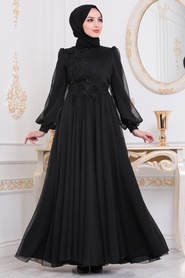 Noir- Tesettürlü Abiye Elbise - Robes de Soirée Hijab - 22198S - Thumbnail