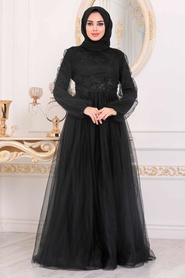 Noir- Tesettürlü Abiye Elbise - Robes de Soirée Hijab - 22670S - Thumbnail