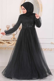 Noir- Tesettürlü Abiye Elbise - Robes de Soirée Hijab - 22670S - Thumbnail