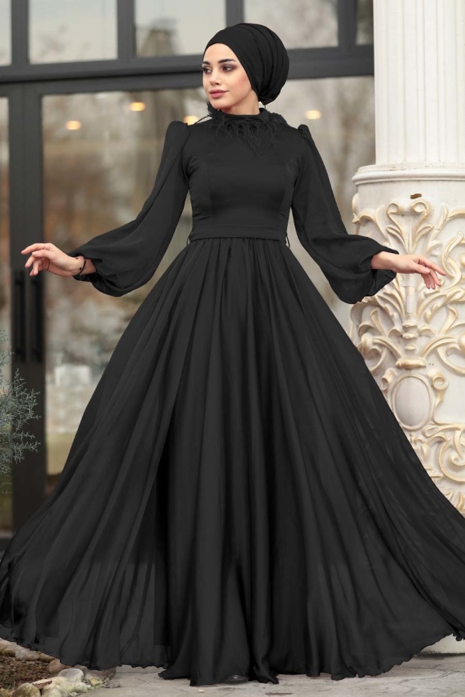 Noir- Tesettürlü Abiye Elbise - Robes de Soirée Hijab - 3925S - 1