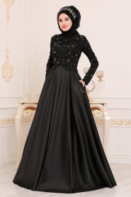Noir - Tesettürlü Abiye Elbise - Robes de Soirée Hijab 45740S - Thumbnail