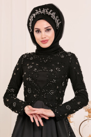 Noir - Tesettürlü Abiye Elbise - Robes de Soirée Hijab 45740S - Thumbnail