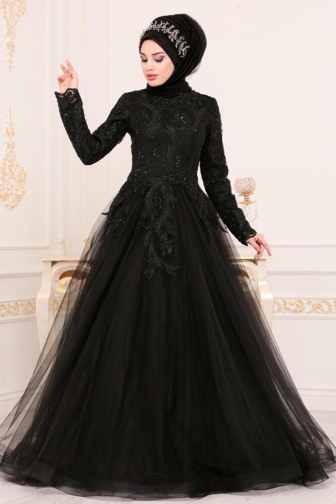 Noir - Tesettürlü Abiye Elbise - Robes de Soirée Hijab 4689S - 1