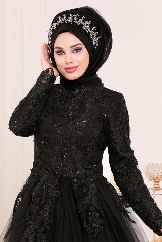 Noir - Tesettürlü Abiye Elbise - Robes de Soirée Hijab 4689S - 2