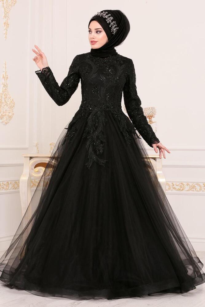 Noir - Tesettürlü Abiye Elbise - Robes de Soirée Hijab 4689S - 3
