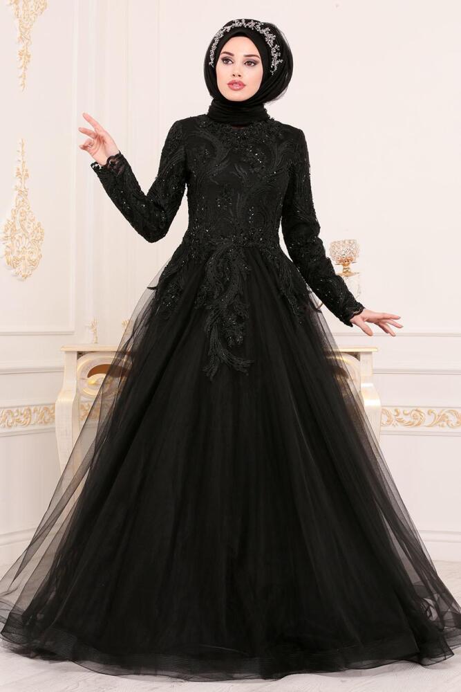Noir - Tesettürlü Abiye Elbise - Robes de Soirée Hijab 4689S - 4