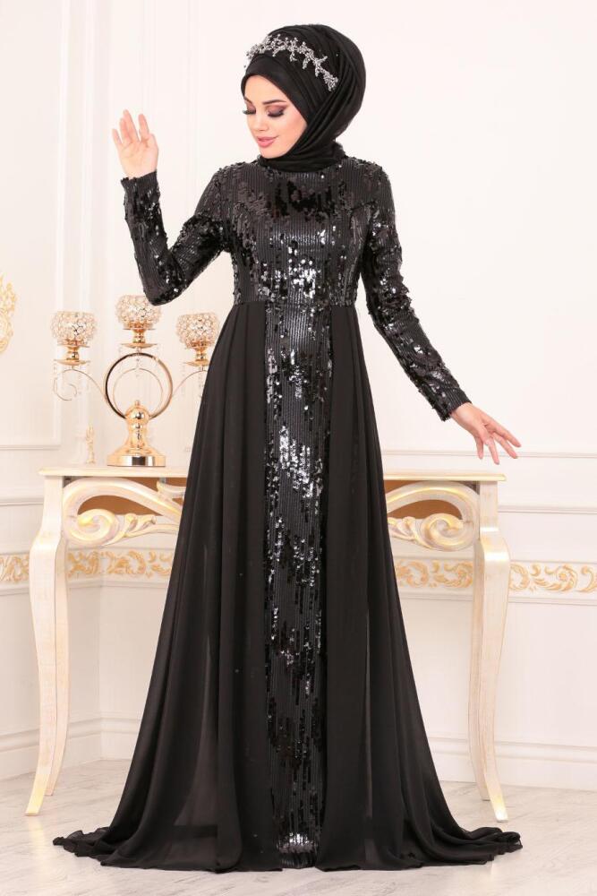 Noir - Tesettürlü Abiye Elbise - Robes de Soirée Hijab 8590S - 1