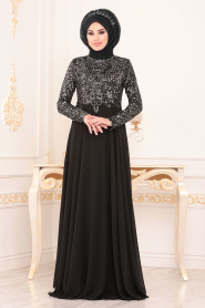 Noir- Tesettürlü Abiye Elbise - Robes de Soirée Hijab 8629S - Thumbnail