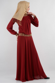 Nurdan - Yakası Taşlı Bordo Elbise - Thumbnail